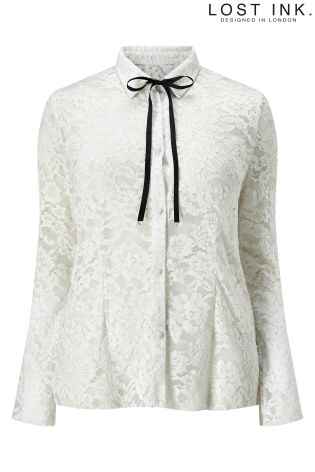 Lost Ink Curve Lace Bow Shirt